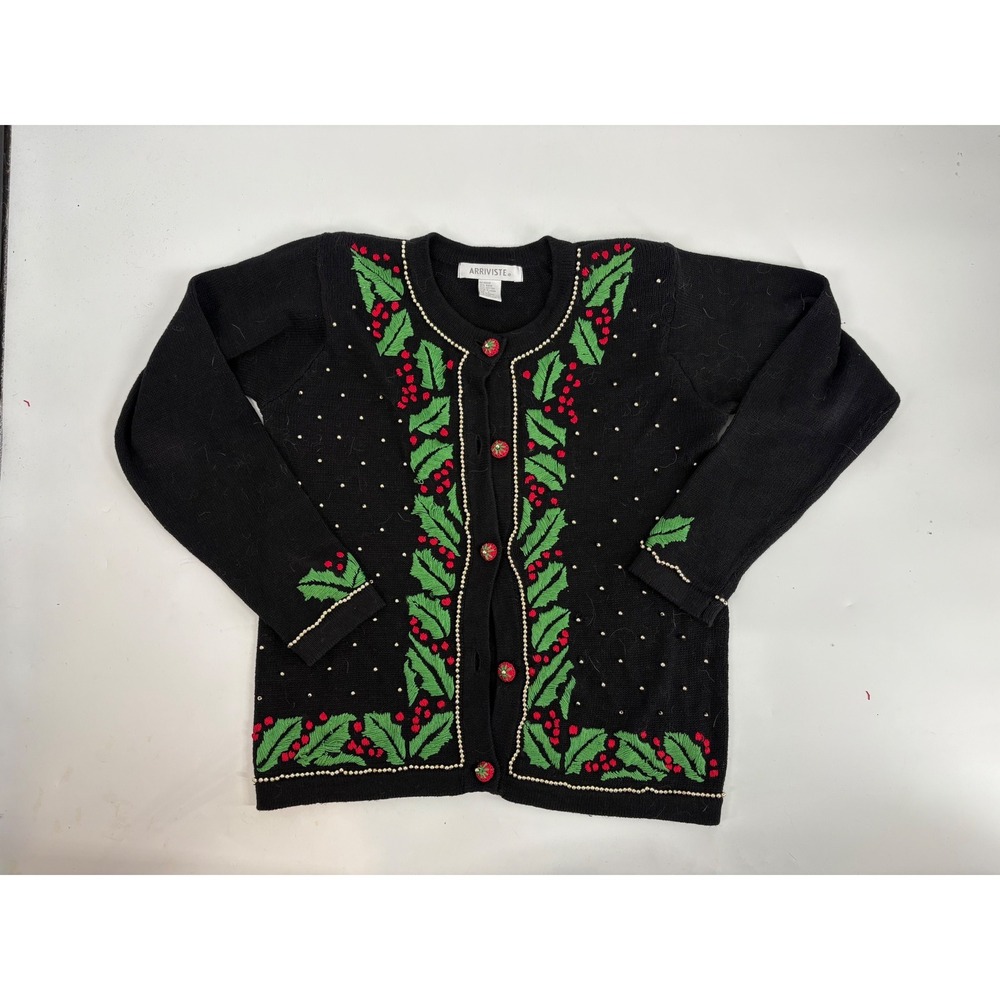 Arriviste Vintage Christmas Cardigan Sweater Black Holly Berry Beaded Small